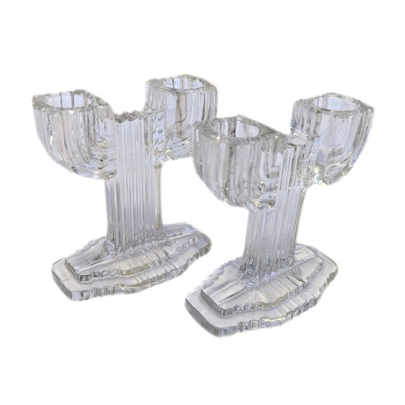 Vintage 1940s Art Deco Anchor Hocking Queen Mary Glass Candle Holders Set of 2 - Picture 2 of 7